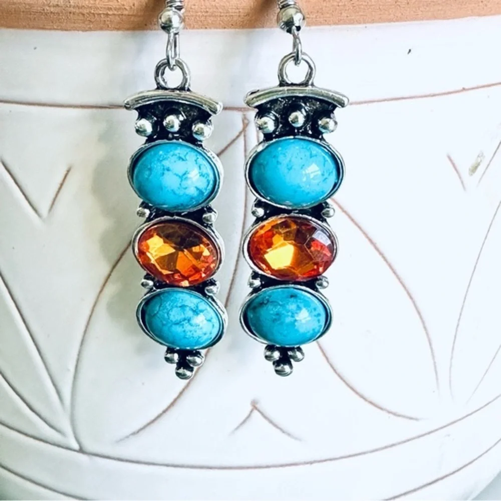2/$30🌵 Silver Faux Turquoise Amber Stone Earrings Bohemian NEW Southwestern
